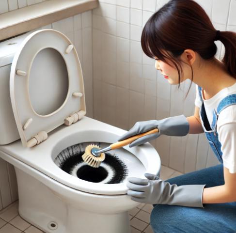 トイレのカビのさぼったリングを掃除しているところ