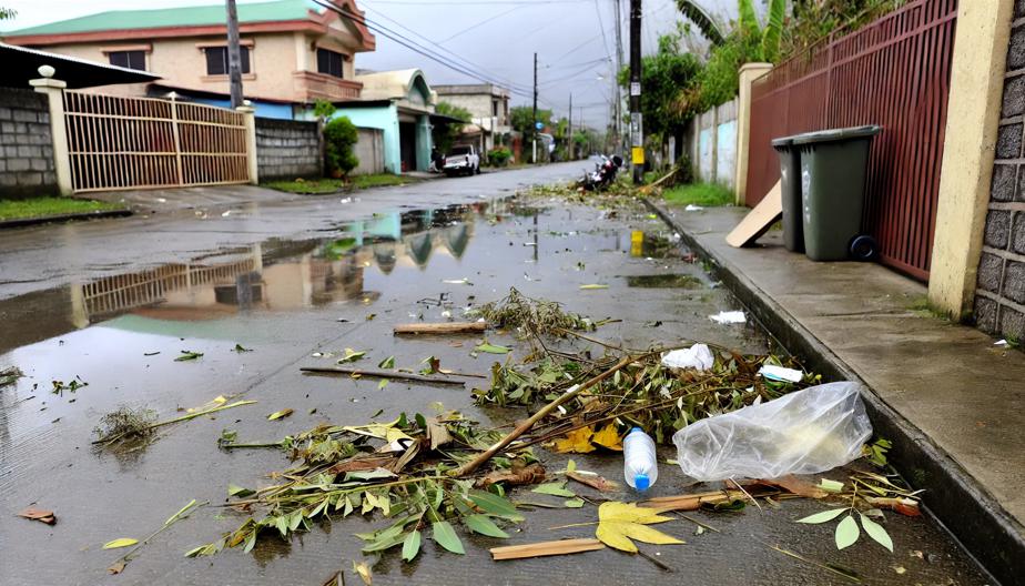 台風後の飛散物で汚れた共用部
